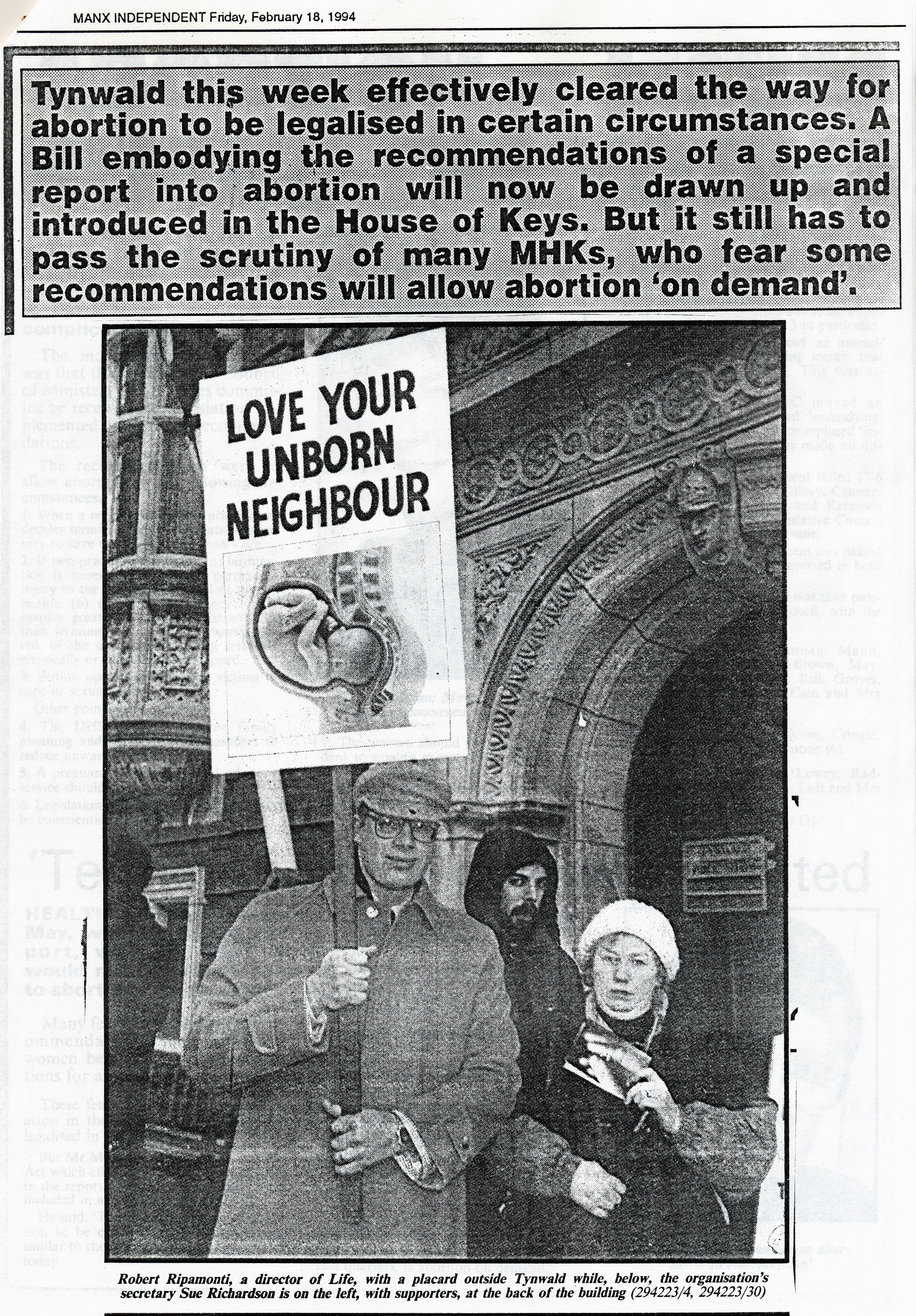 Newspaper cutting of protest outside Tynwald February 1994