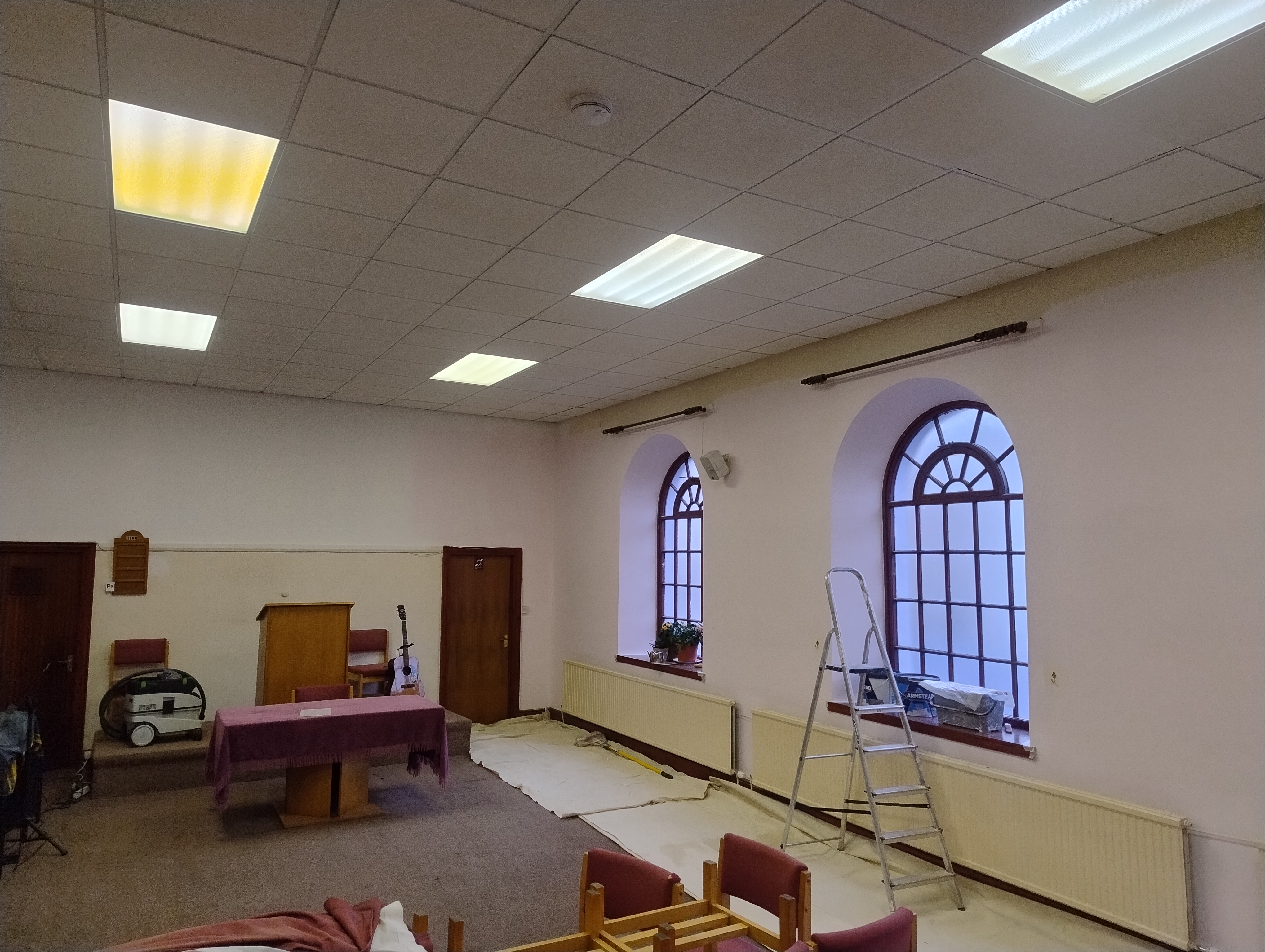 main hall showing painting work completed on
